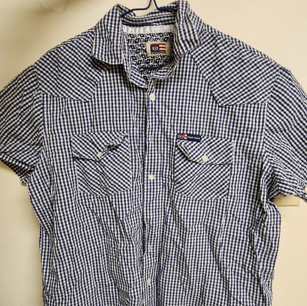 Phat Farm Button Down Short Sleeve Casual Shirt Vintage Y2K Blue & White